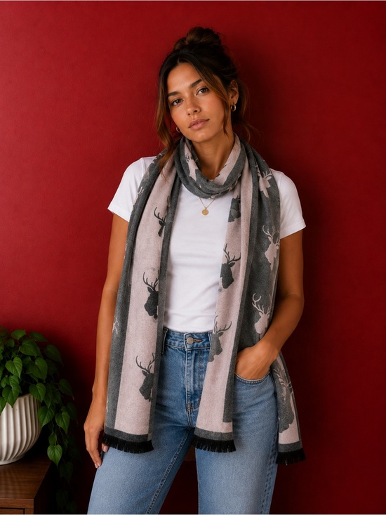House of Tweed Accessories - House of Tweed Stag Print Scarf Grey & Pink